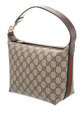 Gucci Beige GG Canvas Shoulder Bag with Brown Trim and Green-Red Web